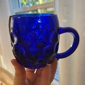Vintage Cobalt Blue Glass Mug Barrel Shaped Thumb Print Pattern